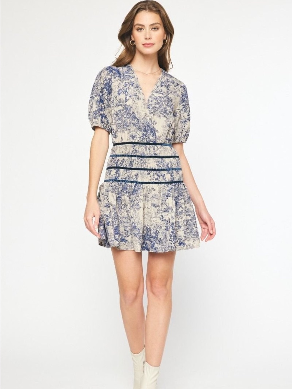 Entro boutique Blue Floral Print V-Neck Mini Dress